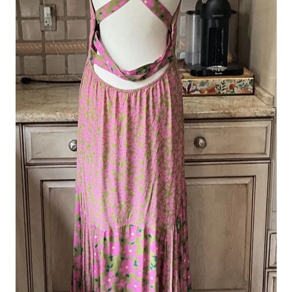 Free People Dewberry Floral Maxi Dress Printed Button Back CrossStrap Pink Olive - Picture 5 of 5